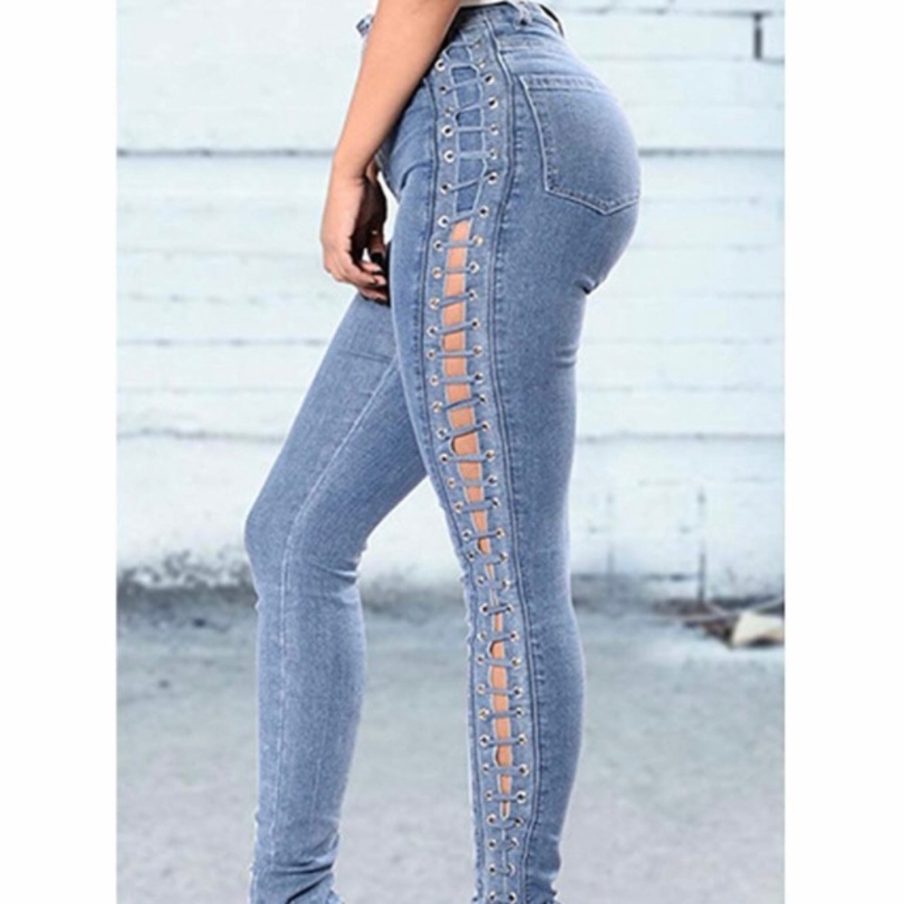 GOGO Jeans Light Color Denim High Waisted Laces on Sides Sexy Fun Jeans 5 - Picture 3 of 11
